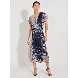 Creatures of Comfort Silk Bokeh Print V-Neck Midi Dress Blue Cream Size Small